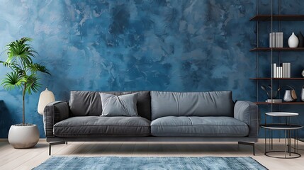 Interior design of modern apartment gray sofa in contemporary living room blue stucco mockup wall