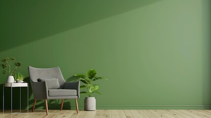 Interior mockup green wall with gray armchair and decor in living room