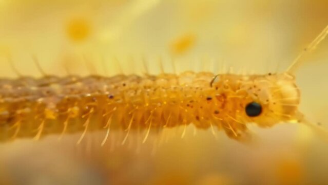 A zoomedin photo of a microscopic caddisfly larva its tiny segmented body covered in fine hairs. These larvae are important indicators . AI generation.