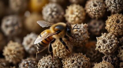 Obraz premium The World Bee Day banner. close-up of a honey bee on a white flower.generative.ai
