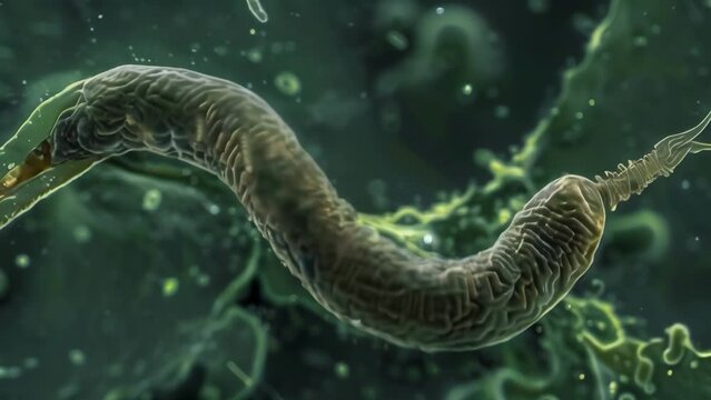 A microscopic view of a nematode in the process of feeding its flexible mouthparts tightly grasping onto plant or animal tissue and . AI generation.