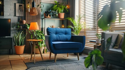 Fototapeta premium Interior of living room with wooden triangular coffee table lamps and blue armchair