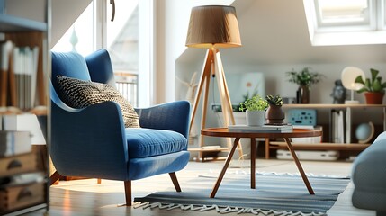 Interior of living room with wooden triangular coffee table lamps and blue armchair