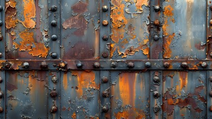 A weathered, rusting steel wall with visible signs of wear and tear. The colors on the surface range from light gray to dark brown