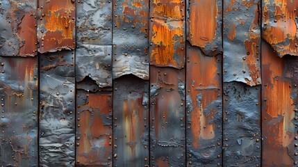 A weathered, rusting steel wall with visible signs of wear and tear. The colors on the surface range from light gray to dark brown