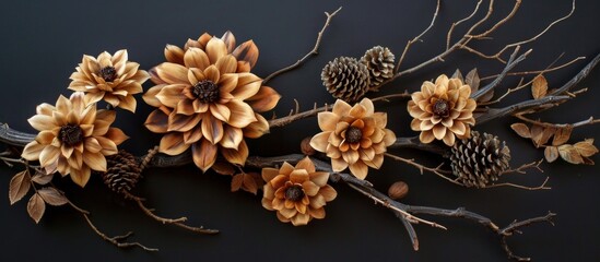 Assorted flowers in bloom and pinecones attached to a tree branch captured up close