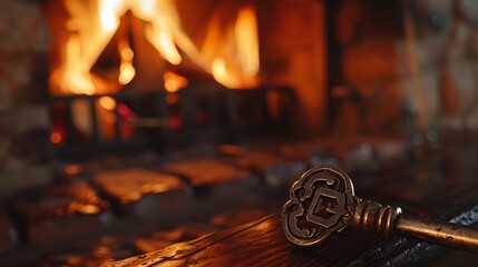 Key to house near fireplace stove with fire and firewood