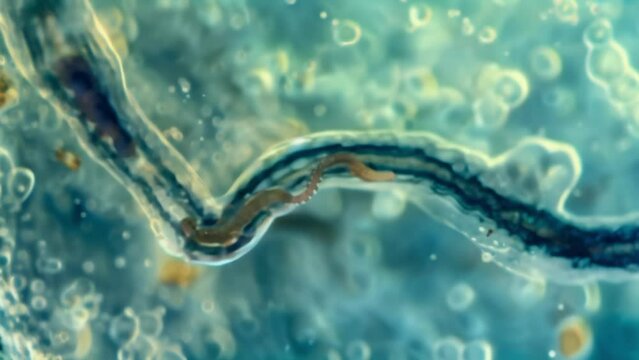 Underneath the microscope a single parasitic worm appears to be crawling through a sample of bodily fluid. . AI generation.