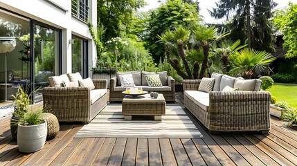 Large terrace patio with rattan garden furniture in the garden on wooden floor - obrazy, fototapety, plakaty