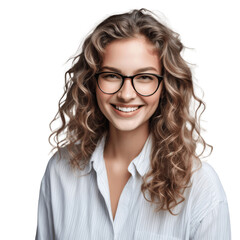 portrait of a smiling curly hair woman wearing glasses in grey shirt isolated on transparent background