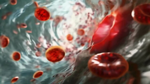 In stark contrast to the healthy cells surrounding it a ruptured cell is shown discharging countless Plasmodium cells into the stream . AI generation.