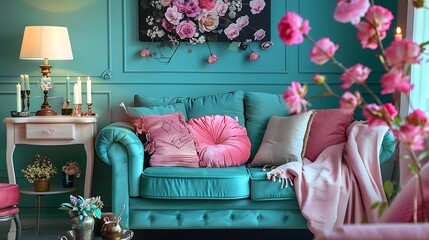 Living room with turquoise sofa and cushions in pink tones stylish lamp cabinet decorated with...
