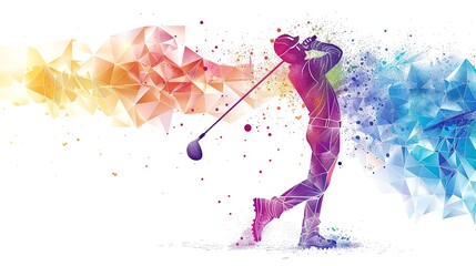 Vivid outlines of geometry over a white backdrop, a man golf ball pro slams a golf ball with his golf club abstract artwork for utilizing and space, Generative AI.