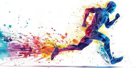 Vivid outlines of geometry over a white backdrop, a man pro running athlete fitness abstract artwork for utilizing and space, Generative AI.