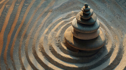 Fototapeta na wymiar Top view of zen stones pyramid on the sandy beach with circles drawn around it