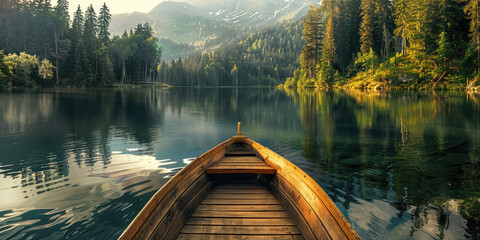 Boat on the lake surrounded with forest and mountains