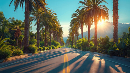 Asphalt road with palm trees on both sides and a sunset on background