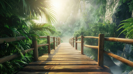 Old wooden bridge in the rainforest
