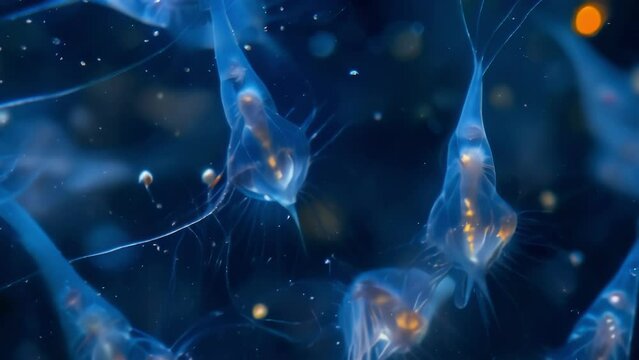 A group of rotifers swimming together forming an eerie yet intricate pattern as they move their cilia in a synchronized manner. The . AI generation.