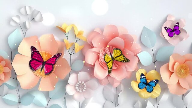 spring background illustration with paper pastel colored flowers on white background. seamless looping overlay 4k virtual video animation background
