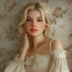 Una linda imagen de una chica rubia con un maquillaje discreto muy hermoso - obrazy, fototapety, plakaty