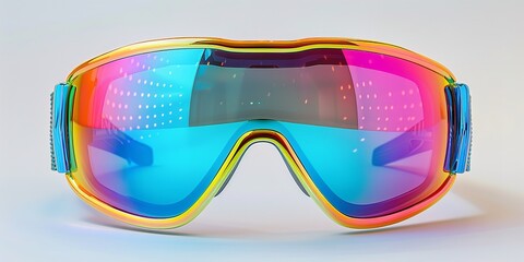 A close shot of colorful ski googles with reflective lens isolated on clean white backdrop with a big space for text or product advertisement backdrop, Generative AI. - obrazy, fototapety, plakaty