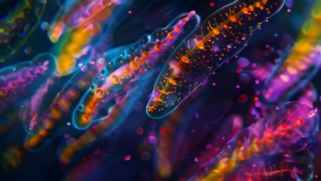 A vibrant image of euglenoid movement captured through timelapse microscopy showing the rapid beating of their flagella as they swim . AI generation.