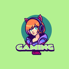 Vector Logo Illustration Gaming Girl Mascot Cartoon Style.