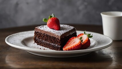 Chocolate cake in white plate with strawberries on a wooden table. Selective focus. - Powered by Adobe