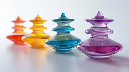 A close shot of colorful spinning tops on plain white backdrop with a big space for text or product advertisement background, Generative AI.