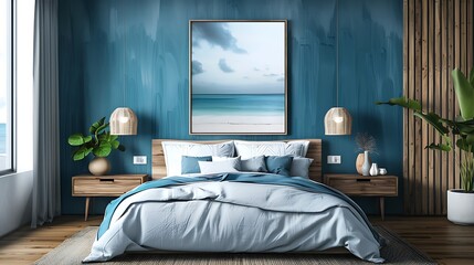 Mock up frame in bedroom interior marine room with sea decor and furniture