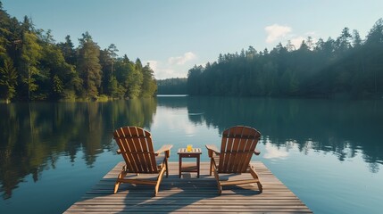 On the dock, two wooden chairs and small side tables sit, offering comfort by the lake.