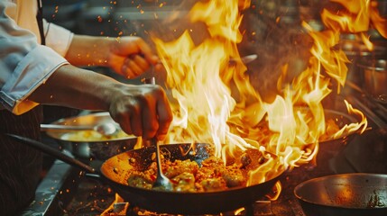 close up Professional chef doing flambe on food in frying pan with fire while standing near cooker in light kitchen of restaurant