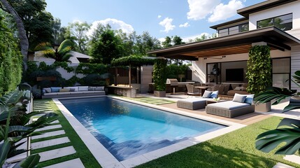 Modern backyard with swimming pool and entertaining area