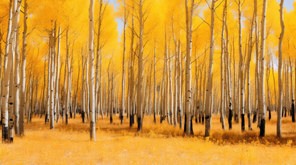 Birch tree forest with yellow leaves.
