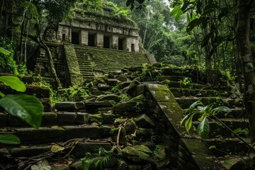 Lose yourself in the overgrown ruins of an ancient jungle temple, where towering pyramids and hidden chambers await discovery amidst the dense foliage, Generative AI