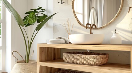 Modern bathroom interior design with wooden vanity and rattan basket - obrazy, fototapety, plakaty