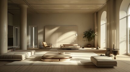Spacious and tranquil ivory living room, illuminated by morning light through a grand window, featuring minimalist furniture - obrazy, fototapety, plakaty