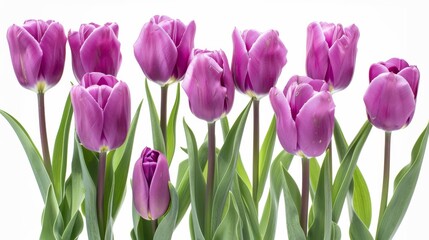 Group of purple tulips, crisp and fresh, isolated on a white background