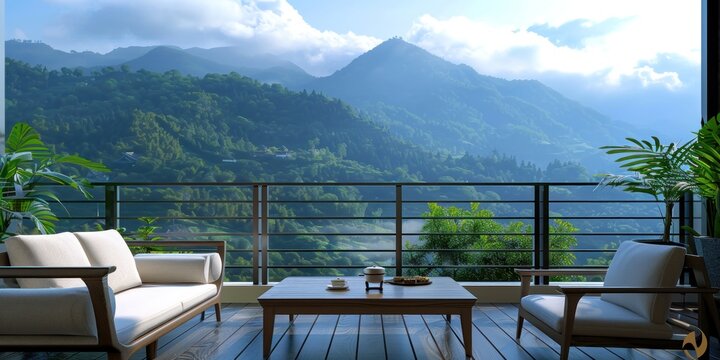 9w a beautiful wide terasse with small cute fence, with sofa, armchair and small table, cup of coffee is on the table, overlooking a mountain,