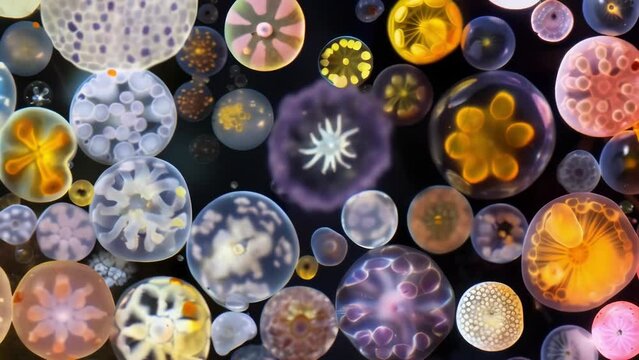 A montage of Euglenoids in various stages of their life cycle from singlecelled organisms to colonies of multiple cells. Some are . AI generation.