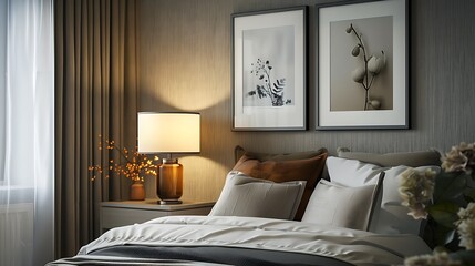 modern lamp on table side with picture frame on wall in bedroom design