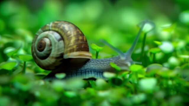 A microscopic view of a freshwater snail with its intricate shell and tentaclelike eyes slowly gliding over a patch of verdant green . AI generation.