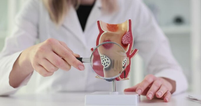 Proctologist with a magnifying glass in his hand showing rectum pathologies on an anatomical model