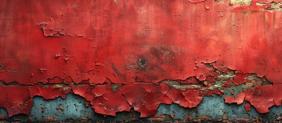 Detail shot showcasing a deteriorating red wall covered in flaking paint and rust, displaying a worn and aged appearance