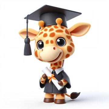 Cute character 3D image of A Giraffe is wearing a hat in a graduation ceremony