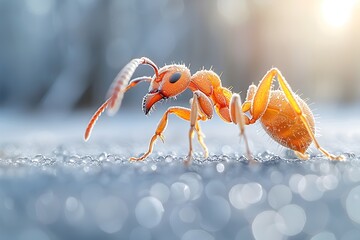 Detalle Una hormiga roja en el suelo blanco iluminada por los rayos del sol. Insectos 