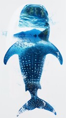 A double exposure whale shark with the tropical beach inside isolated on white background.