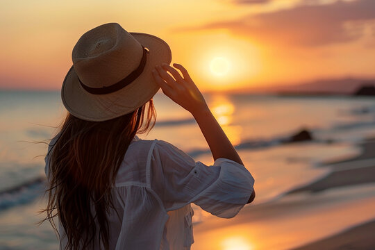 Generative AI Image of A Girl Wearing Hat Holiday on the Beach at Sunset