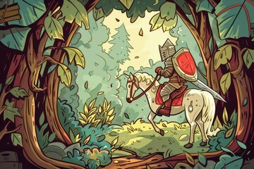 Cartoon cute doodles of a brave knight embarking on a quest through a mystical forest, his trusty steed by his side as they search for hidden treasure, Generative AI